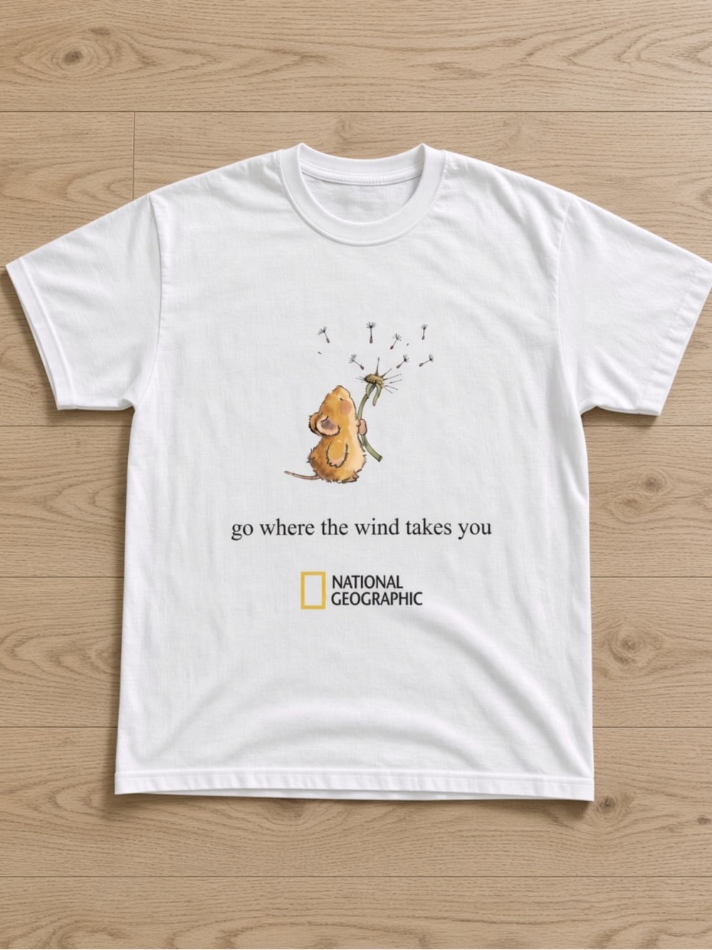 White Cat T-Shirt with Dandelion Illustration